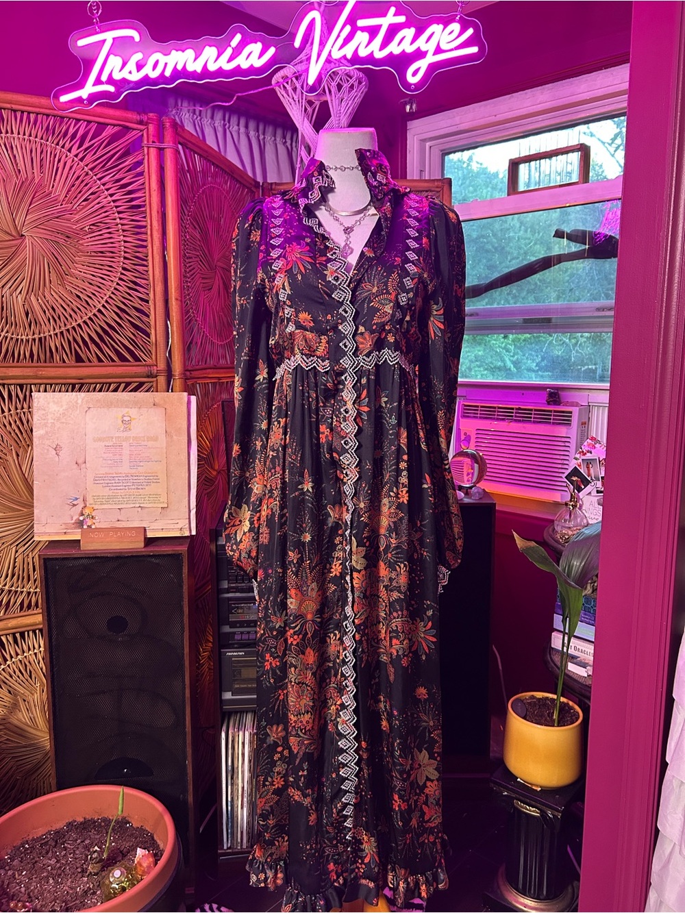 Paco Rabanne Black Floral Maxi Dress with Rust Accents